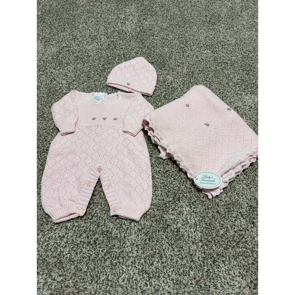 Baby's Trousseau Knit Pink 3 Piece Set with Knit Romper, Hat and Blanket
